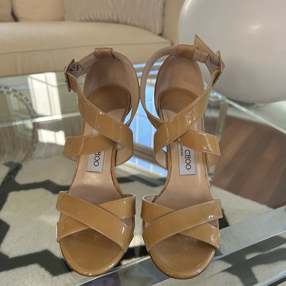 Jimmy Choo Glossy Tan Strappy Heels